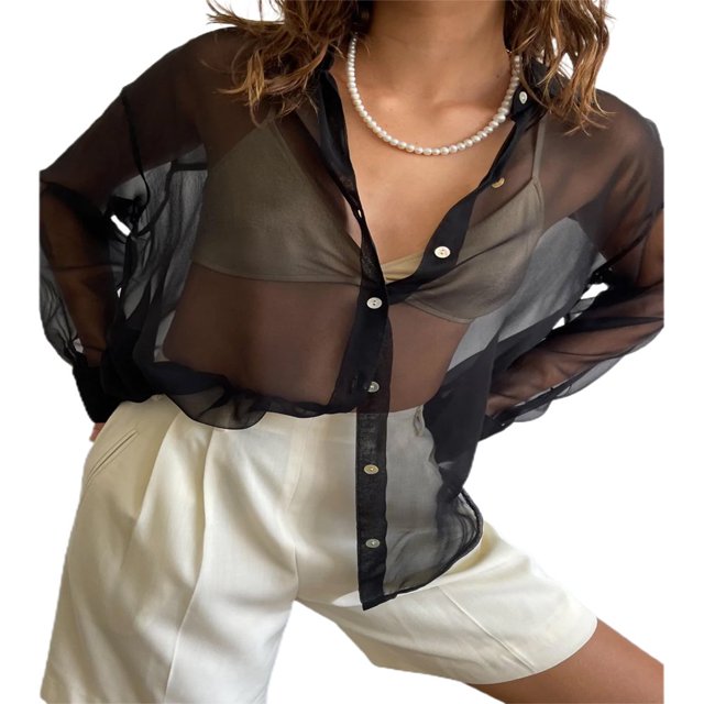 PENGXIANG Blouse Transparente pour Femmes Col à Revers Manches Longues Chemise Ample en Maille Protection Solaire