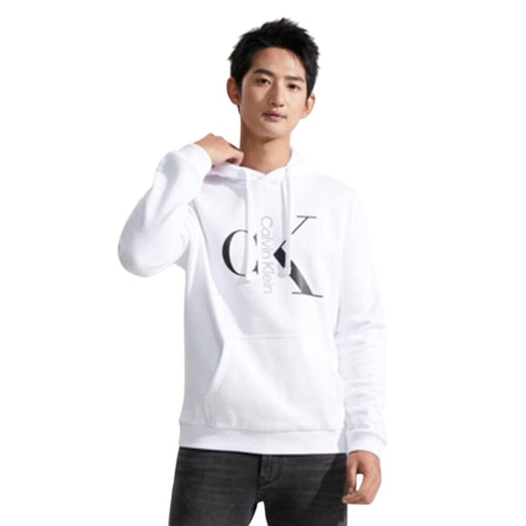 Calvin Klein Men's Mixed Logo Monogram Pullover Hoodie - 40QC403 (Brilliant White 540, XL)