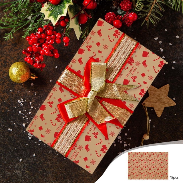 CaiYueKe Vintage Style Christmas Wrapping Paper Set 5-Piece Holiday Gift Wrap Kraft Paper with Santa Snowflake Reindeer Patterns Festive Decorative Paper for Present Wrapping