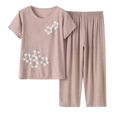 Fgnfyis Women Summer Suit Pajamas Home Clothes Short Sleeved Cotton and Linen Loose Cropped Pants Two Piece Set Two Piece Sets for Women Trousers Sets Khaki XL