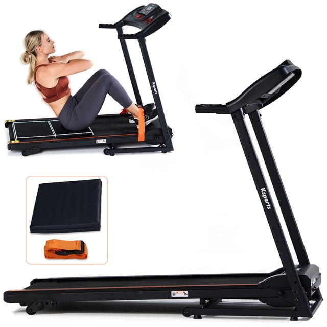 Ksports Ensemble d'Entraînement de Cardio et de Musculation Multifonctionnel avec un Tapis Roulant Électrique Noir Offrant une Grande surface de Course de 43,7 Pouces par 17 Pouces. le Tapis Roulant Comprend un Tapis abdominal et des Sangles orange pour s'Asseoir pour des Entraînements Intégraux. Il Dispose d'Un Écran Numérique pour Suivre le Temps, la distance et les calories, avec des Capteurs de Prise au Guidon pour Surveiller la Fréquence Cardiaque. le Tapis Roulant Offre des Vitesses de 0,5 à 9 miles par Heure, 4 Niveaux d'Inclinaison Réglables et la Compatibilité avec les Applications Kinomap