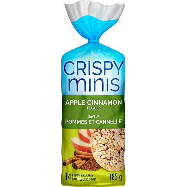 Quaker Crispy Minis Apple Cinnamon Flavour large brown rice cakes package in blue and green with apple slices, cinnamon sticks, and one rice cake visible, 185 g, 14 cakes