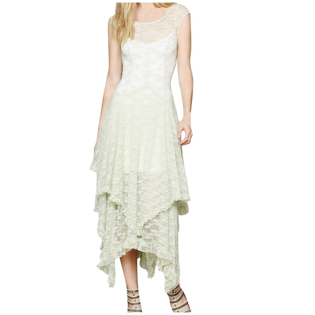 LSLJS Women Hippie Style Asymmetrical Lace Sexy Long Double Layered Ruffled Trimming Low V-Back Dresses, Sundress Summer Beach Dresses