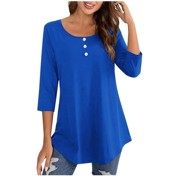 Loose Tunic Shirts Women's 3/4 Sleeve Tunic Tops Crewneck Button Sweatshirts Pullover Tunic Shirts Loose Fitting Blouses Woman Shirts S-42 Blue S