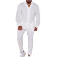 thumbnail image 1 of xiaxaixu Men's 2 Piece Linen Set Solid Color Button Down Long Sleeve Shirts Casual Cargo Pants with Pockets Fall Outfits, 1 of 8