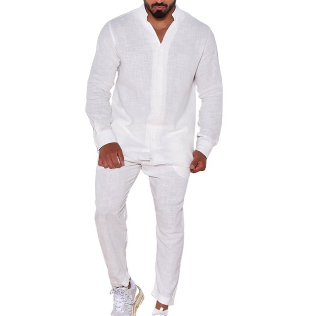 xiaxaixu Men's 2 Piece Linen Set Solid Color Button Down Long Sleeve Shirts Casual Cargo Pants with Pockets Fall Outfits