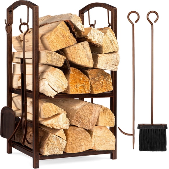 Best Choice Products 5-Piece Wrought Iron Firewood Log Rack & Tool Set, Indoor Outdoor, Copper