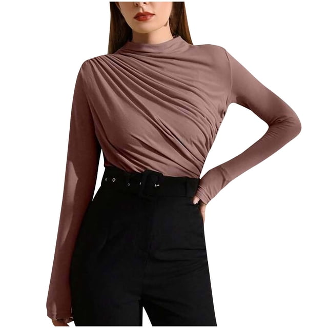 Penkiiy Women's Long Sleeve Stretch Slim Fitted Ribbed T-Shirt Blouse Cut Out Solid Basic Tops M Coffee