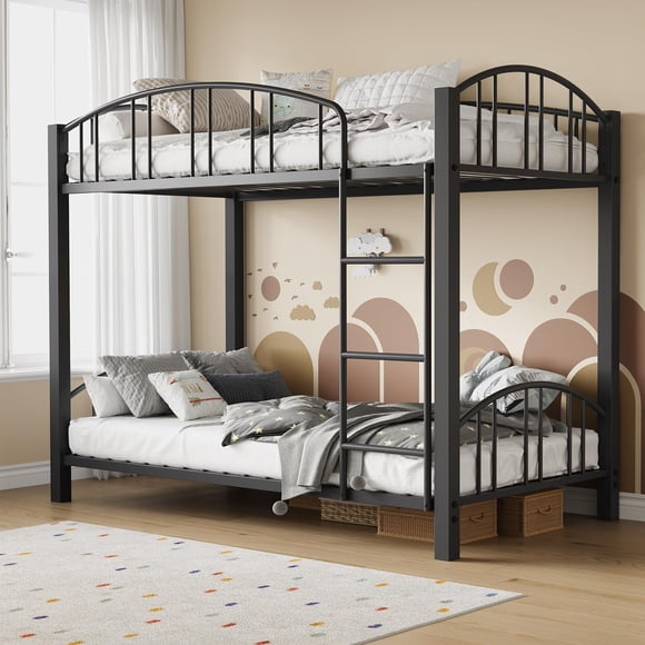 Eastvita Twin Black Metal Bunk Bed Twin Over Twin Design with Heightened Arched Guardrail/Safety Ladder. Sturdy Steel Bed for School Bedrooms. Easy Assembly