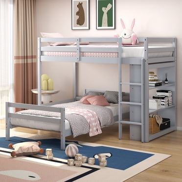 Costway Twin Over Twin Loft Bunk Bed Wood w/Bookcase Guardrail Ladder Kids Bedroom