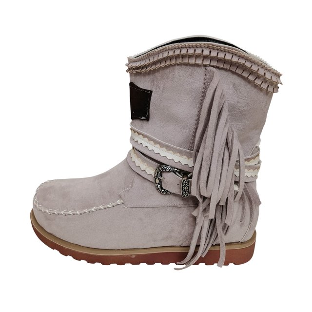 Bottes Courtes à Bout Rond, Talon Plat, Plateforme en Suède, Boucle de Ceinture Plate, Franges, Bottes pour Femmes