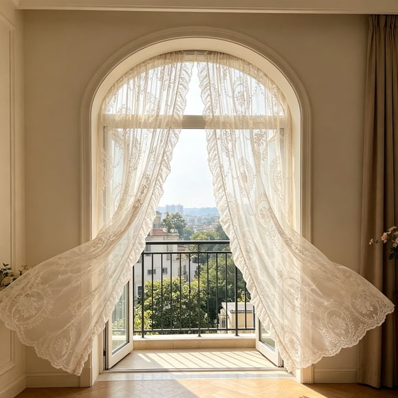 Vintage Lace Curtains 63 Inches,Rustic Leaf Floral Lace Curtain Panels,Rod Pocket Farmhouse Privacy Window Sheer Lace Curtains, Romantic Sheer Light Filtering Lacy Drapes for Living Room Bedroom