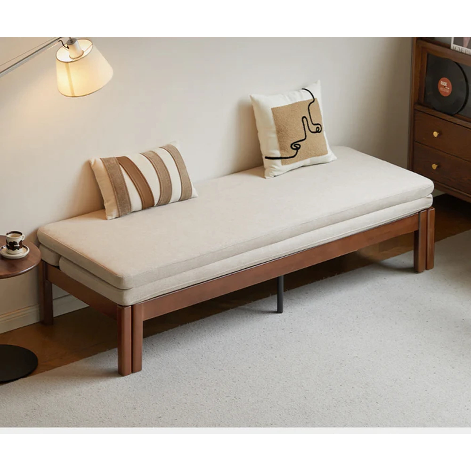TOYTEXX Solid Wood Sofa Bed, Folding Daybed with Upholstered Cushion, Beech Wood Frame, Walnut Finish, Convertible Sofa for Living Room, Guest Room and Small Spaces, 202 cm