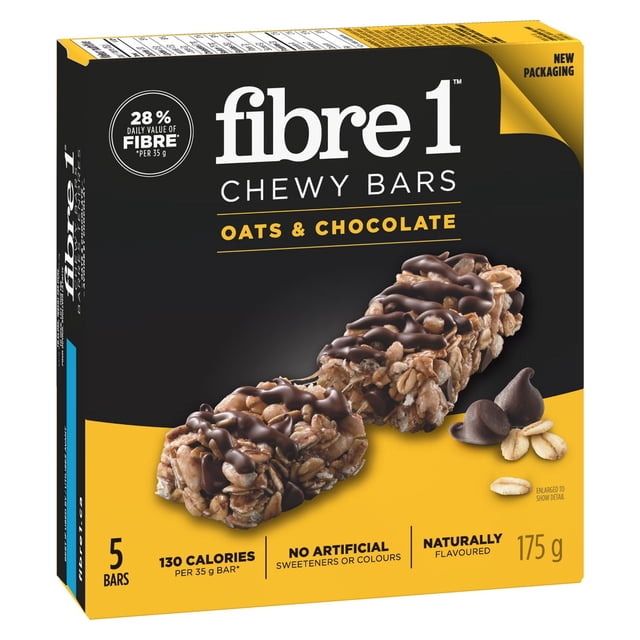 Fibre 1 Oats & Chocolate Chewy Bars box showing two chocolate-drizzled oat bars on a black and yellow background, containing 5 individually packaged bars, 130 calories per 35 g bar, 28% daily fibre value, no artificial sweeteners or colours, naturally flavoured, 175 g total weight, ideal for a quick nutritious snack.