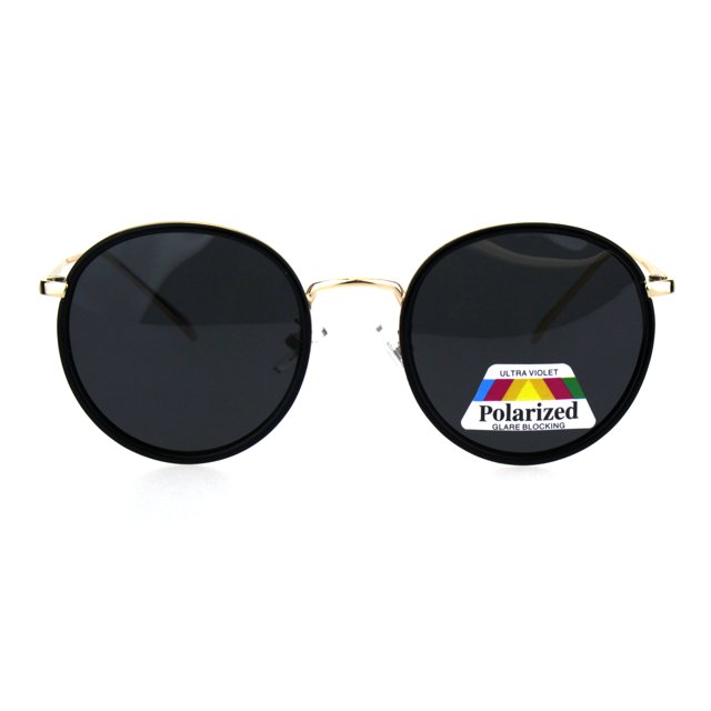 Lunettes de Soleil Rétro Polarisées Rondes pour Femmes, Élégantes, à Double Monture, Noir Or Noir