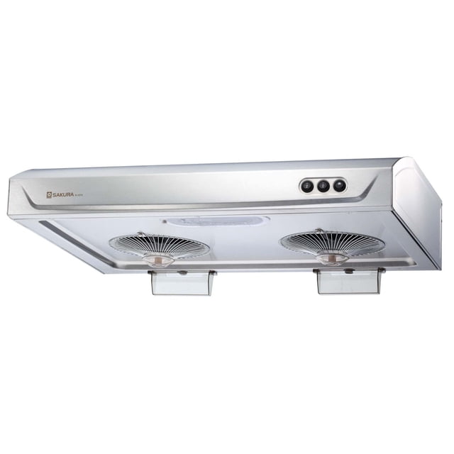 Sakura 30" R727-II Stainless Steel Range Hood with twin centrifugal fans providing 580 cfm airflow, stainless steel finish, 2-speed rocker switch, built-in light, and dishwasher-safe patented grease trapping cups for quiet, efficient kitchen ventilation.