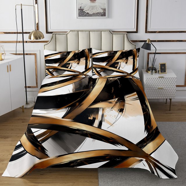 Erosebridal Black and Gold Quilt Sets for King Size Bed, Abstract Line Bed Set, Geometry Home Decor 3pcs
