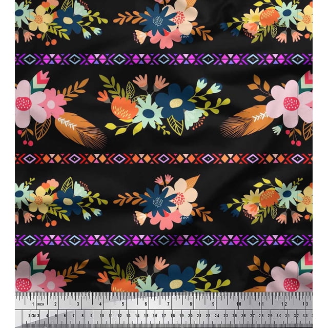 Soimoi Polyester Crepe Fabric Leaves & Floral Artistic Print Fabric by The Yard 52 Inch Wide