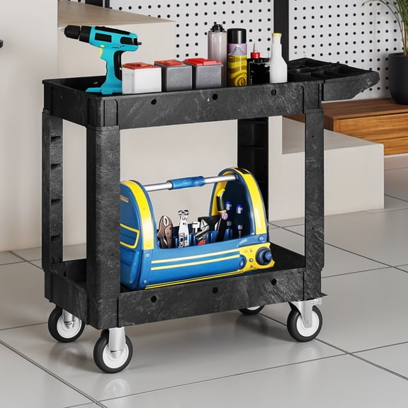 DEXTRUS Chariot Utilitaire Robuste à Roulettes avec Roues Verrouillables, Plastique HDPE à 2 Tablettes, Capacité de 550 Lb, 40 x 17 x 34, Noir