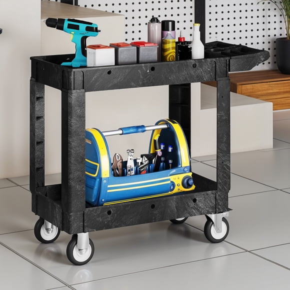 DEXTRUS Chariot Utilitaire Robuste à Roulettes avec Roues Verrouillables, Chariot de Service en Plastique HDPE à 2 Tablettes, Capacité de 550 Lb, 40 Pouces x 17 Pouces x 34 Pouces, pour Garage, Entrepôt et Atelier, Noir