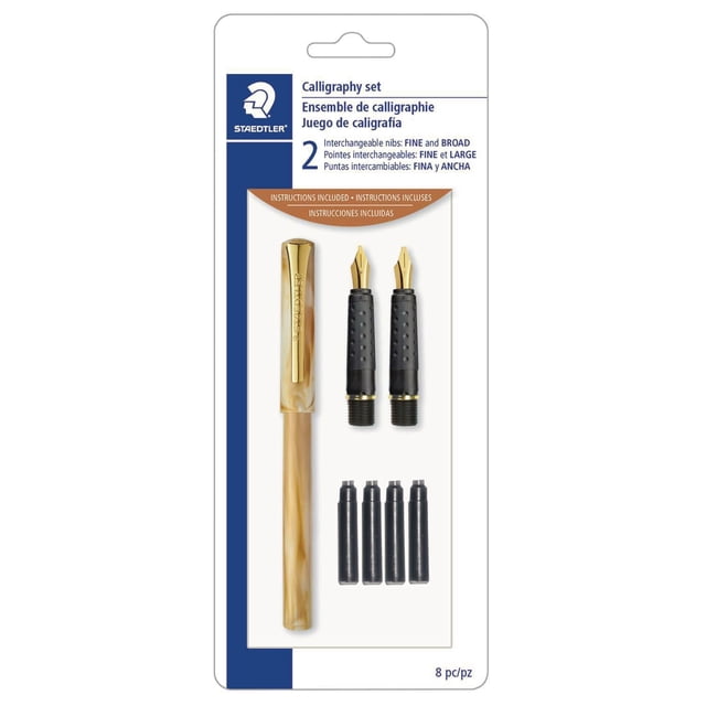 Staedtler Ensemble de Calligraphie avec Stylo Tonneau en faux Marbre avec Pince Ton or, Deux Pointes en Acier Interchangeables en Largeurs Fines et Larges, et Quatre Cartouches d'Encre Noire sur Emballage en blister, Convient aux Débutants Qui Pratiquent la Calligraphie Spencerienne Ou en Plaques de Cuivre.