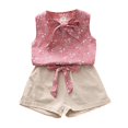 thumbnail image 1 of Little Girls Outfits Set Sleeveless Bow Tie Floral Pattern Top Solid Color Pocketed Shorts With Belt Summer Kids Clothing Vêtements Pour Filles Size 6T, 1 of 5