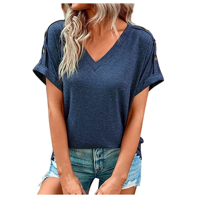 Timegard Tops for Women V Neck Short Sleeve Button Comfy Summer Casual Loose Tops Tee Solid Color