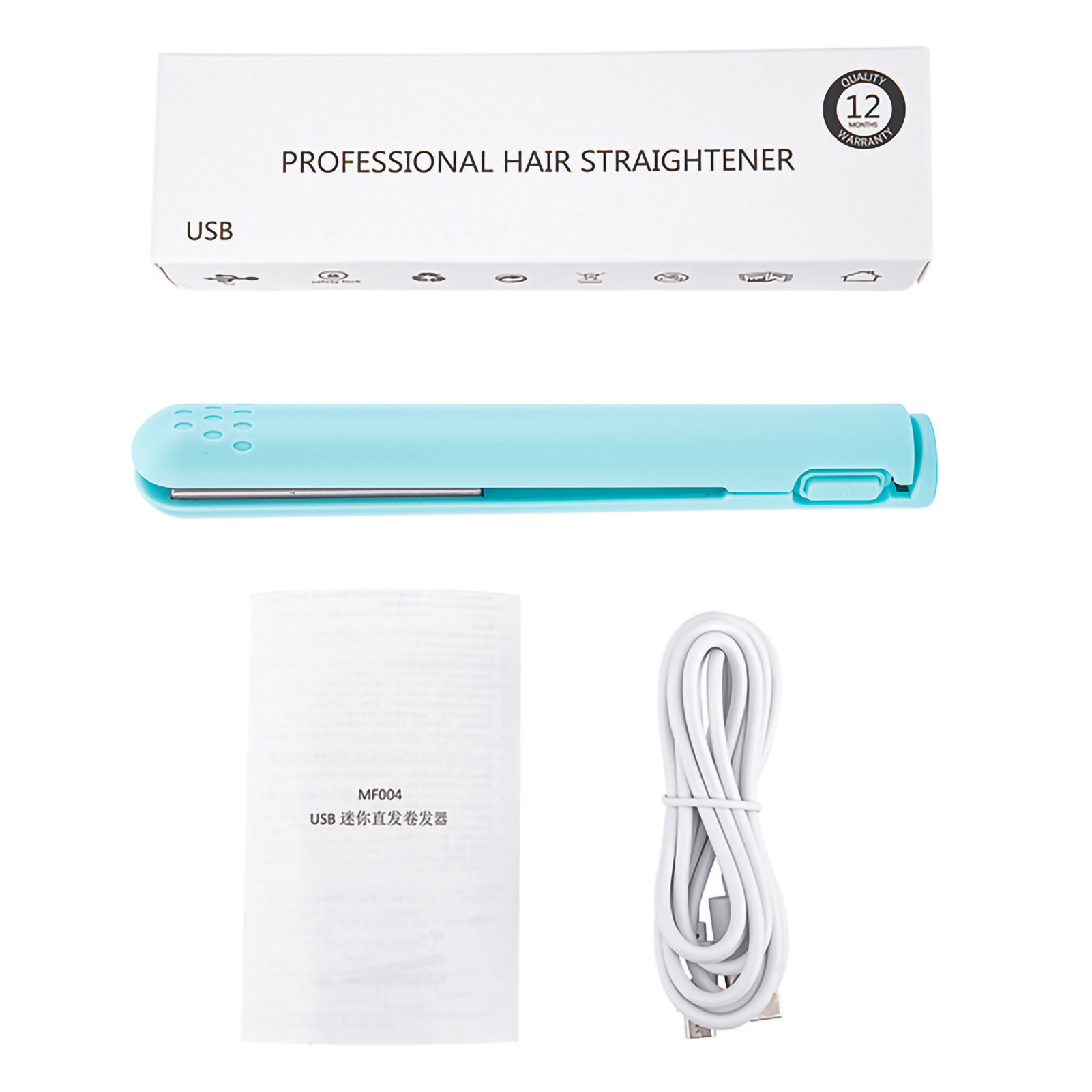 Mini 2 in 1 Hair Straightener USB Ceramics Heating Straightening Curling Flat Iron Bleu