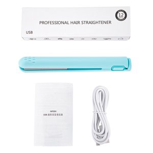 Mini 2 in 1 Hair Straightener USB Ceramics Heating Straightening Curling Flat Iron Bleu
