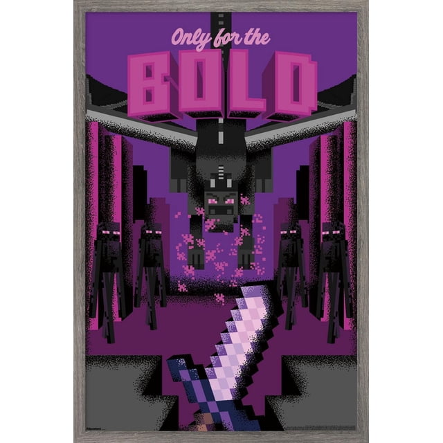 Minecraft : Discover - Seulement pour l'Affiche Murale Audacieuse, 14,725 Pouces x 22,375 Pouces Encadrée, Représentant des Endermen Minecraft Pixélisés et un dragon aux Yeux Violets Lumineux sur un Fond Violet, avec une Épée Pixélisée au Premier Plan, art Mural Adapté aux Chambres, Salles de Jeux Ou Bureaux.