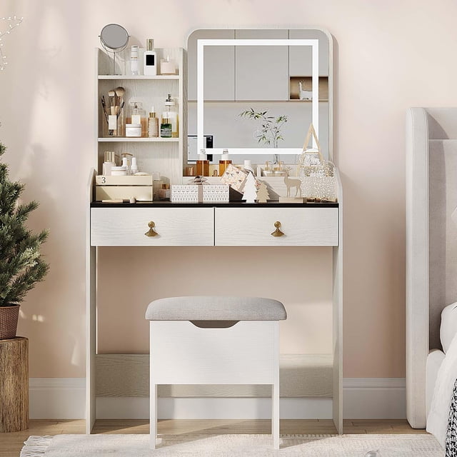 Cherish Ensemble de Coiffeuse – Coiffeuse avec Miroir DEL à 3 Couleurs, Station de Recharge, 2 Tiroirs, 4 Étagères et Tabouret de Rangement pour Chambre