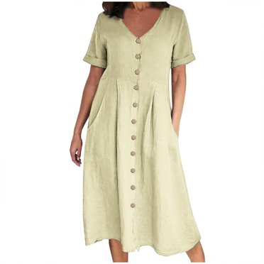 UPPADA Women V Neck Button Down Dress Short Sleeve Loose Casual Long Maxi Dresses Cotton Linen Boho Beach Sundress Flowy Comfy Dress with Pockets,Robe D Ete Pour Femme Beige,M