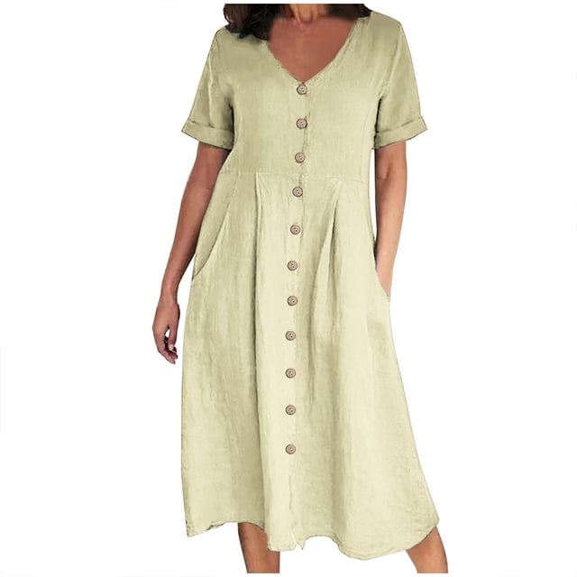 QUYUON Robe en Lin Femme Été Décontractée Col en V Manches Courtes Chemise Boutonnée Robes Invitée de Mariage Cocktail Fête Robe Trapèze Mini avec Poches Robe de Plage Soleil Style D-3420 Beige TTG