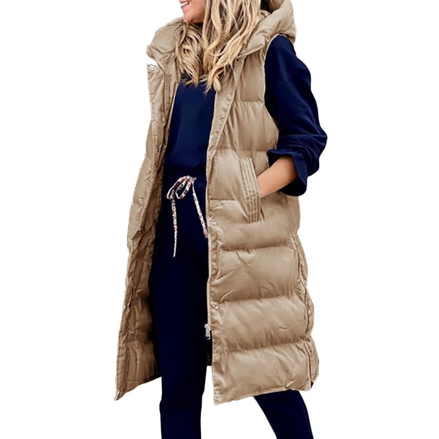 Innerwin Gilet Sans Manches à Capuche pour Femmes, Veste de Voyage Mi-Longue, Khaki 4TG