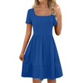 thumbnail image 1 of Robe d'Été pour Femme à Encolure Carrée, Grande Taille, Mignonne, à Manches Courtes, Taille Haute, Robe Trapèze Évasée à Volants, Danse, Bleu, P, 1 of 6