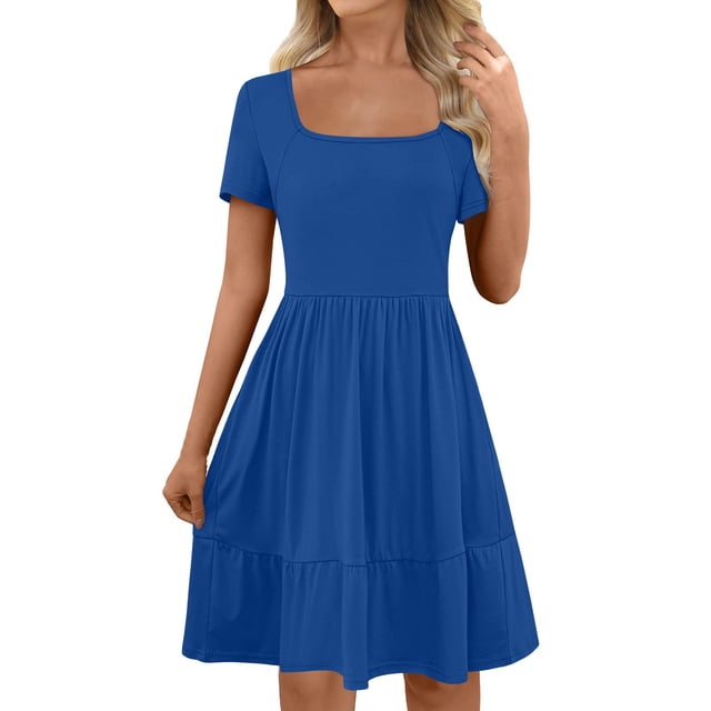 Robe d'Été à Encolure Carrée pour Femme Grande Taille Mignonne à Manches Courtes Taille Haute Robes Robe Évasée à Volants Danse Bleu, P. la Robe Présente une Encolure Carrée, des Manches Courtes et une Taille Haute avec un design Évasé Plissé à Ligne a. Fabriquée en Matériau Léger, Elle Est Présentée dans une Couleur Unie Bleue avec un Ourlet Longueur Genou et des Volants. Idéale pour les Sorties Décontractées, les Vacances à la Plage Ou les Événements d'Été.