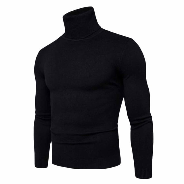 IROINNID Men's Turtleneck Long Sleeve Jumper Mid-Length Solid Color Knit Pullover Trim Base Sweater Blouse in black. This acrylic sweater features a turtleneck design, long sleeves, and a slim fit, suitable for casual, daily, or sports occasions during fall and spring. The solid black colour and ribbed cuffs add a classic touch, making it ideal for layering or standalone wear.