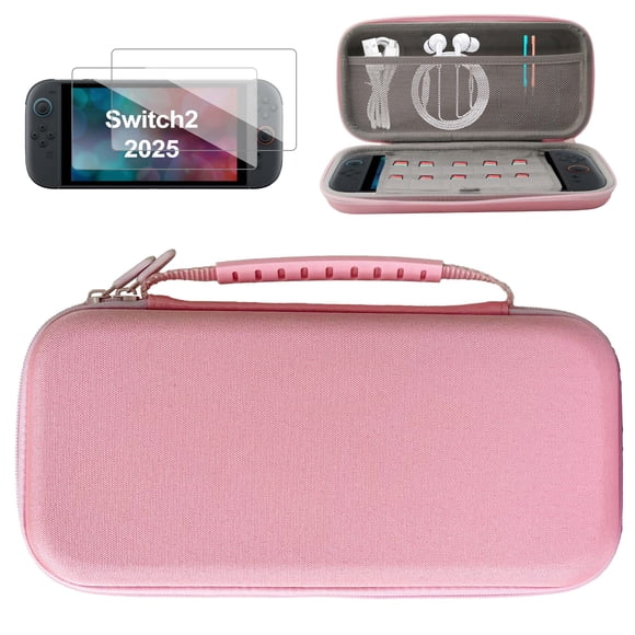 Carrying Case for Nintendo Switch 2, Hard Shell & Waterproof Portable Travel Carry Case Game Storage Bag with 2 Screen Protectors for Switch 2 Game Accessories, Pink