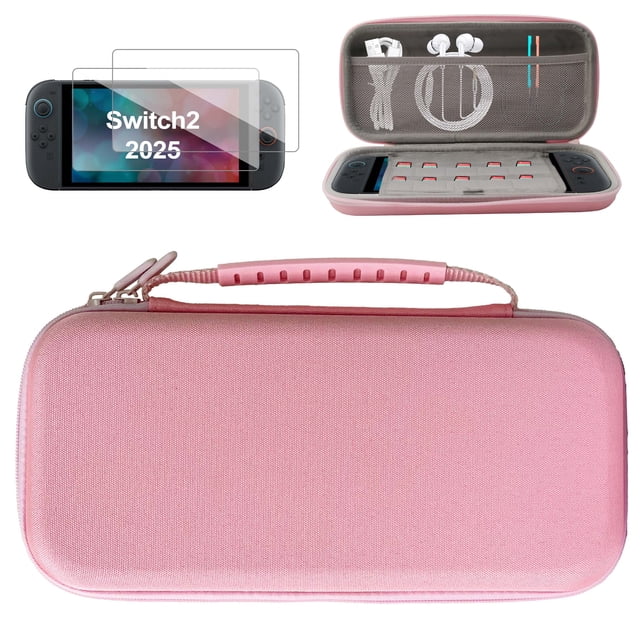 Carrying Case for Nintendo Switch 2, featuring a hard shell and waterproof design in pink. The case includes a soft plush interior to prevent scratches, 10 game card slots, and a stretchy mesh pocket for accessories like cables and chargers. It has a dual-zip closure, a comfortable hand strap, and an ultra-slim, portable design. Comes with two screen protectors for added console protection.