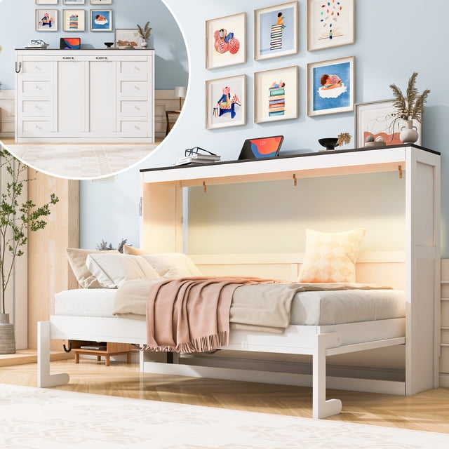 Lit Escamotable Format Simple avec Lumière DEL, Peut Se Replier dans une Armoire, Armoire Murale Dissimulée, Blanc+brun