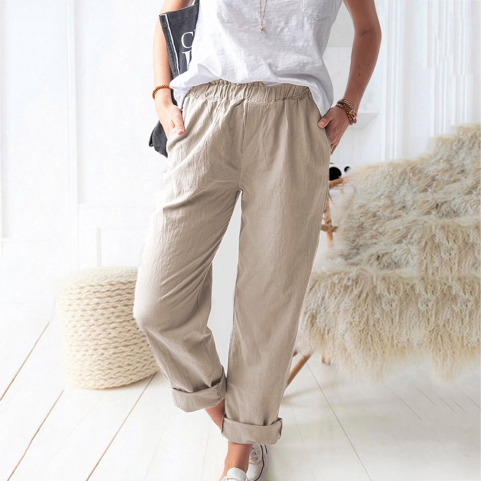 Mikilon Women Casual Solid Color Pockets Elastic Waist Comfortable Straight Pants