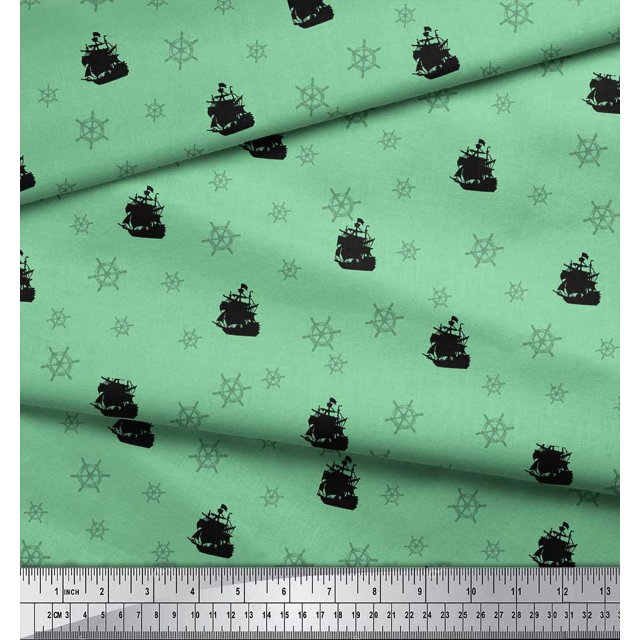 Soimoi Tissu Vert Moss Georgette Navire & Roue Imprimés Nautiques au Mètre 42 Pouces de Large