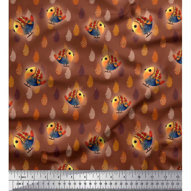 Soimoi Modal Satin Fabric Feather & Bird Cartoon Print Fabric by The Yard 42 Inch Wide