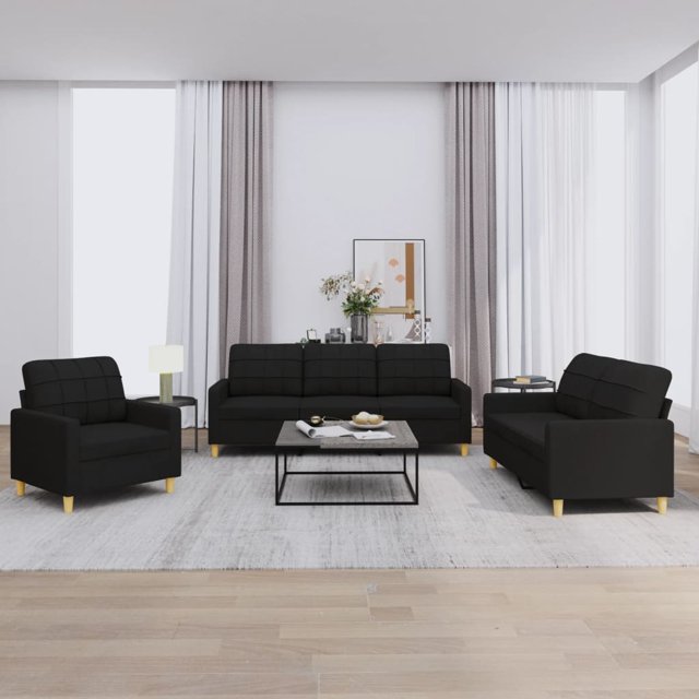 vidaXL 3 Piece Sofa Set with Cushions in black fabric, including a sofa chair, 2-seater, and 3-seater sofas. The set is arranged in a modern living room with a light area rug, wooden flooring, and minimalist decor. Each piece features a durable plywood and metal frame, thick foam padding, and a sleek, modern design. Dimensions: sofa chair 78 x 77 x 80 cm, 2-seater 138 x 77 x 80 cm, 3-seater 198 x 77 x 80 cm. Assembly required.