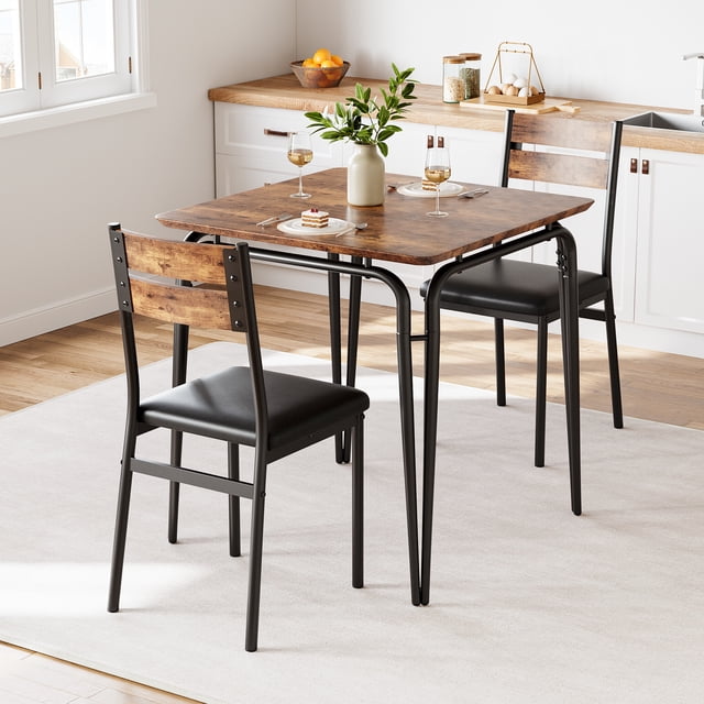 Space-Saving 3-Piece Dining Table Set for 2 – Square Table with 2 Chairs – Compact Kitchen & Dining Room Furniture for Apartments – Vintage Color, MDF Tabletop