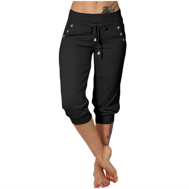 Timegard Womens Yoga Pants Drawstring High Waist Workout Cropped Pants Athletic Capri Pants with Pockets