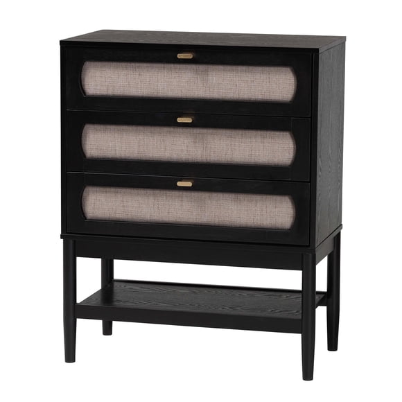 Baxton Studio Shirin Commode Mi-Siècle en Tissu Beige et Bois Noir à 3 Tiroirs