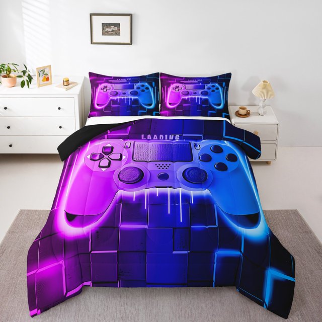 Blue Purple Gaming Kids Queen Comforter Set - Gamer Comforter Boys Queen Size Bedding Set, Neon Lights Abstract Geometry Design Gamer Room Decor
