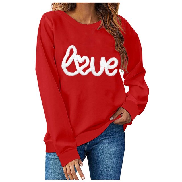 TIMIFIS Chandail Molletonné Surdimensionné pour Femmes Valentines Day Tenue Femmes Décontractée Chandail à Col Rond à Enfiler Hauts Mignon Imprimé Amour Chandail à Manches Longues Chemise - Printemps/été