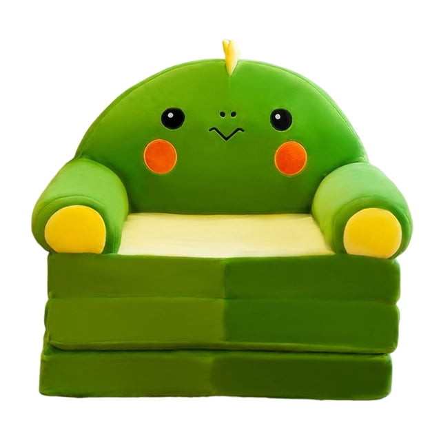 Cartoon Couch Chairs Cover Foldable Three Tiered for Playing Room Bedroom Dinosaur. A green polyester slipcover designed for a children's sofa chair, featuring a cute dinosaur face with orange cheeks and a yellow crest. The foldable design allows for three-tiered expansion, making it suitable for playrooms or bedrooms. The package includes only the slipcover, requiring PP cotton batting for filling. Dimensions: 55cm x 50cm x 7cm, expanding to 120cm.